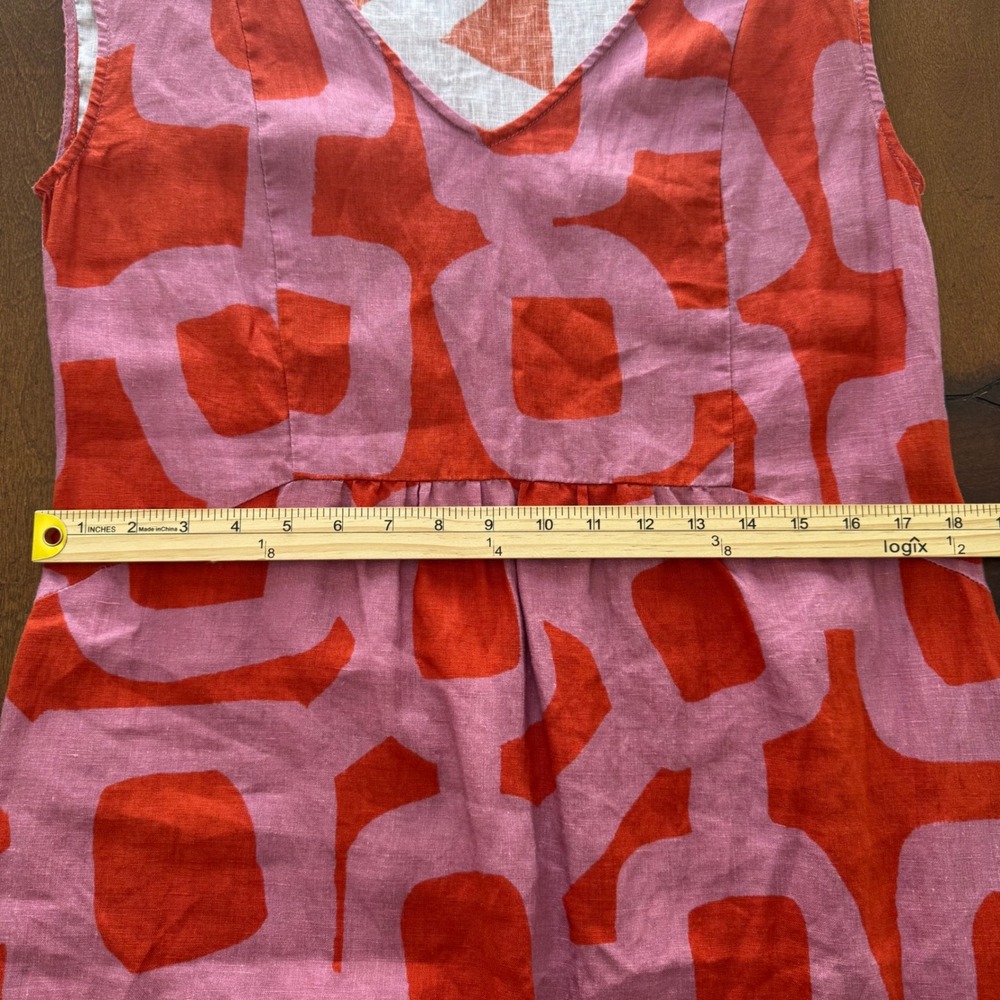 FOIL Pink Red Abstract Geometric 100% Linen V-Neck Sleeveless Midi Dress Size 4 - Picture 7 of 7